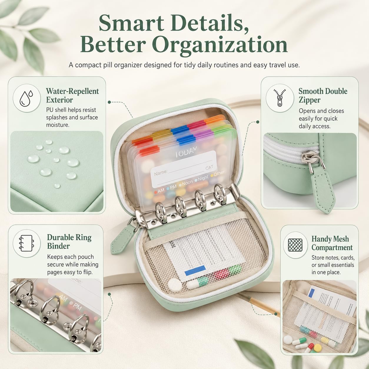 Waterproof Pill Organizer Binder with 14 Color-Coded Pouches
