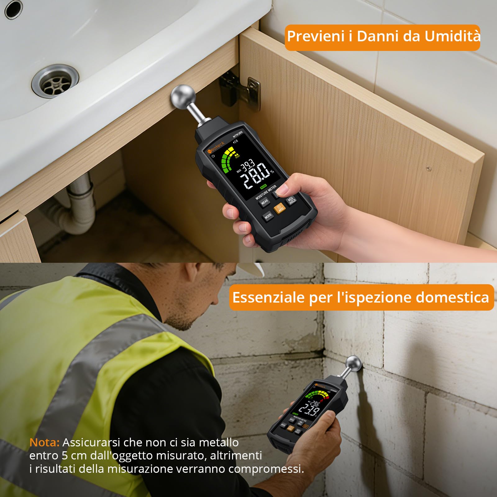Neoteck Misuratore Umidità Legno Senza Ago – Scanner per Calcestruzzo, Intonaco, Legno, Muratura, Profondità di Analisi 5-40mm, 5 Modalità, Display LCD 3 Colori, per Ristrutturazione Casa e Cantiere