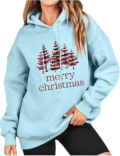 Sudadera con capucha con estampado de árbol de Navidad para mujer, talla grande, manga larga, cuello alto, cordón, sudadera con capucha de Feliz