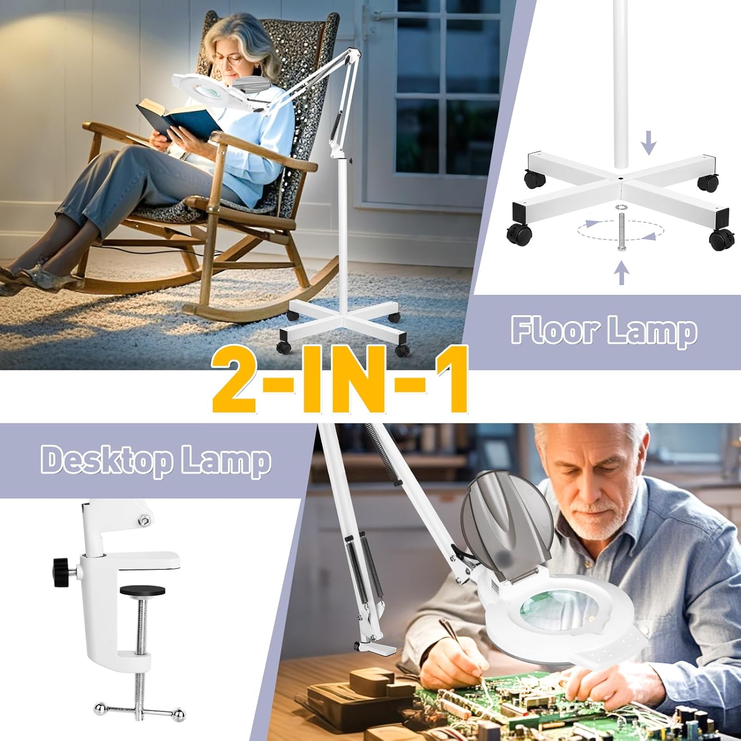 10X Magnifying Glass with Light and Stand, NUEYiO 2200 Lumen Stepless Dimmable Magnifying Floor Lamp, 2-in-1 Adjustable Metal Swing Arm Lighted Magnifier, Mag Lamp for Estheticians Crafts Facial