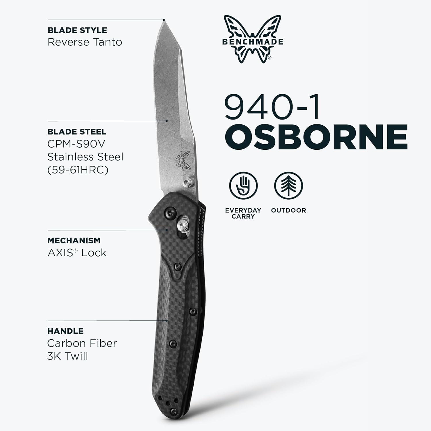 Benchmade - Osborne, Every Day, Outdoor, Folding Knife, Reverse Tanto Blade with Black Carbon Fiber Handle (940-1)