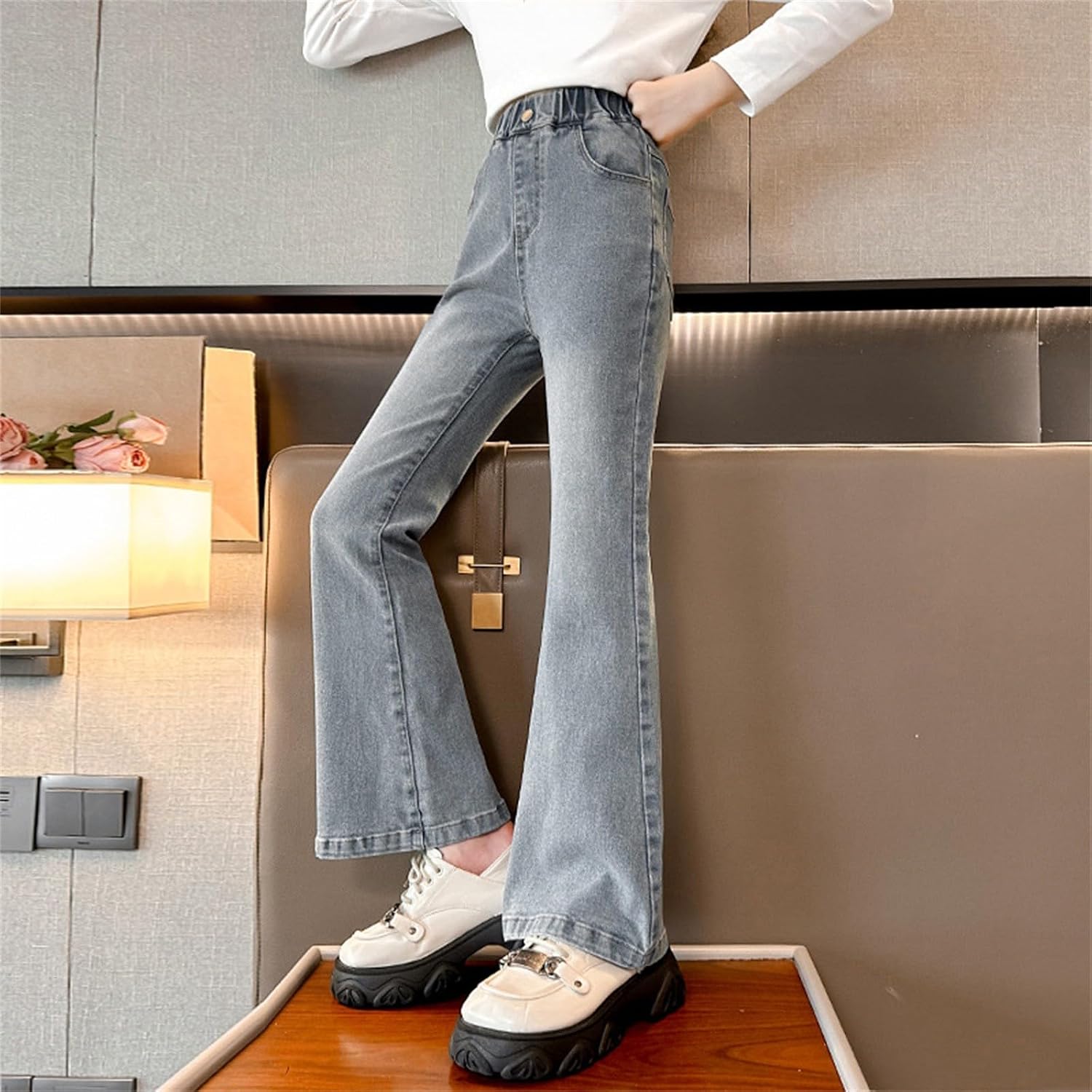 Girls Distressed Flare Jeans High Waisted Elastic Waist Denim Pants Tween Retro Bell Bottom Pants Vintage Bootcut Jeans