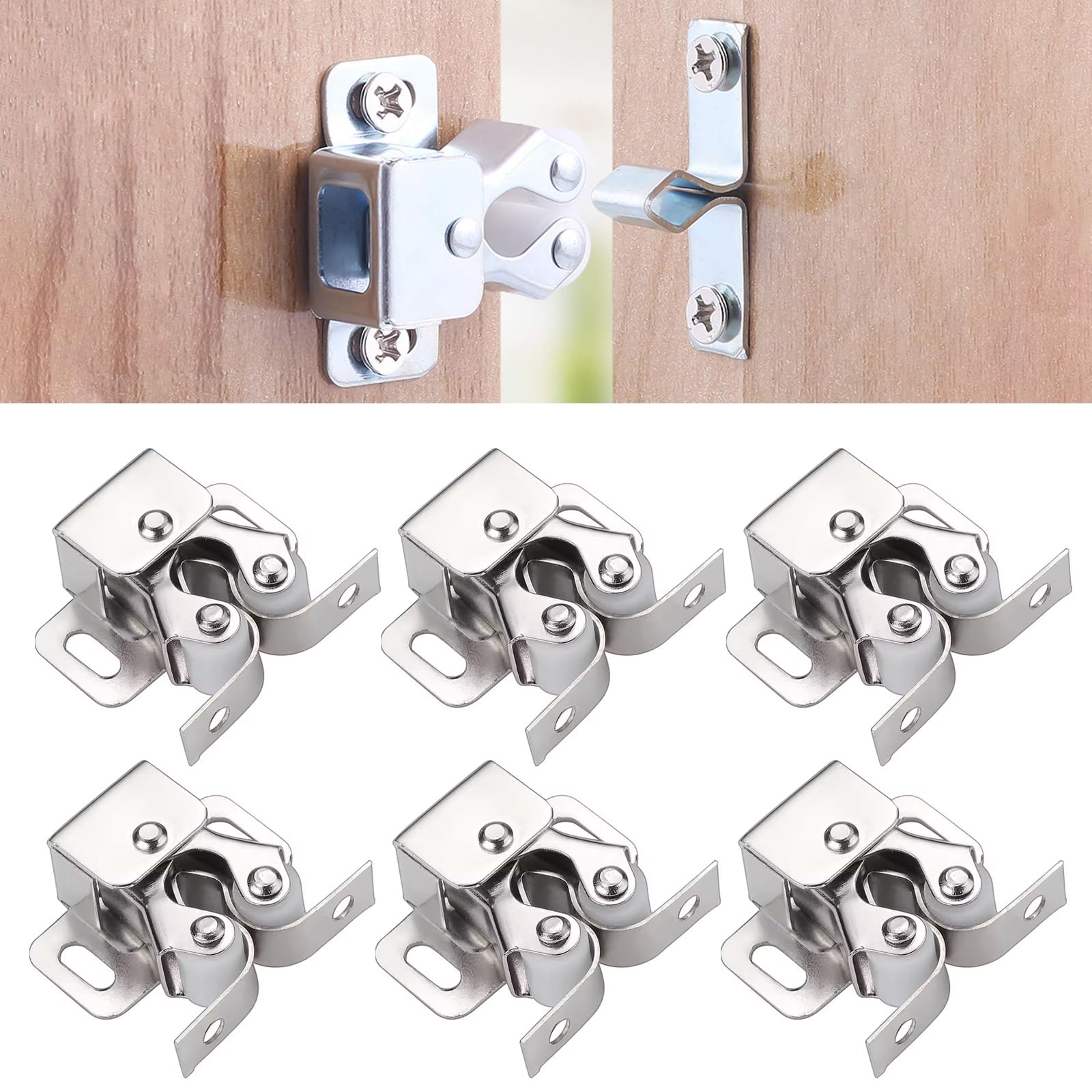 6 Pack Roller Ball Door Catches - Stainless Steel Cupboard Door Latches for Wardrobes/Cabinets, Self-Adjusting Double Roller Catch Kit,Cabinet Latch Double Roller with Screws