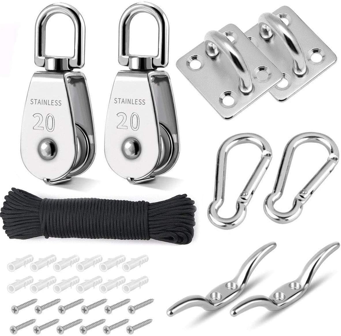 Pulley System Set, M20 Crane Pulleys for Lifting with Rope, 304 Stainless Steel Block and Tackle Pulley System, with Nylon Line Rope & Snap Hook, Oblong Eye Pad Plate, Cleat Hooks