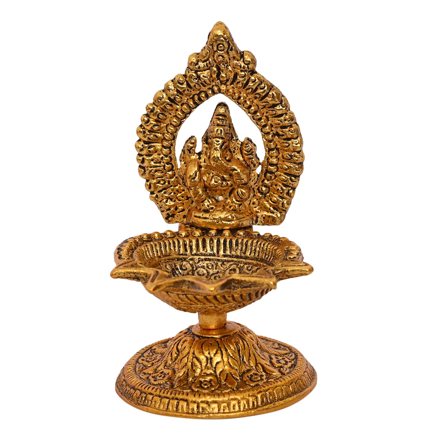 Aashita Creations Metal Lord Ganesh Statue with Deepak, Handcrafted Design Engraved Dia, Oil Lamp for Diwali Pooja, Office Pooja:- (Golden - 12x7x6 cm)
