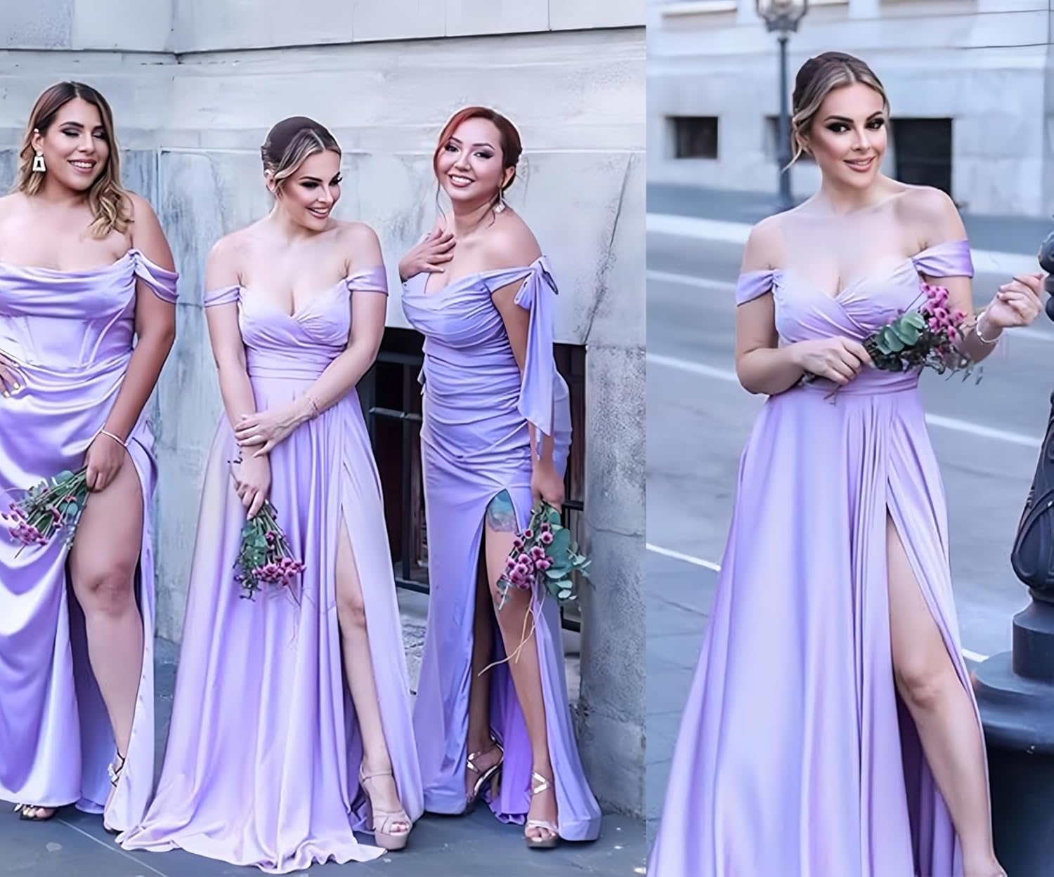 Women's Off The Shoulder Bridesmaid Dresses with Slit Satin Formal Gowns Long Prom Evening Party Dress with Pockets - Image 2