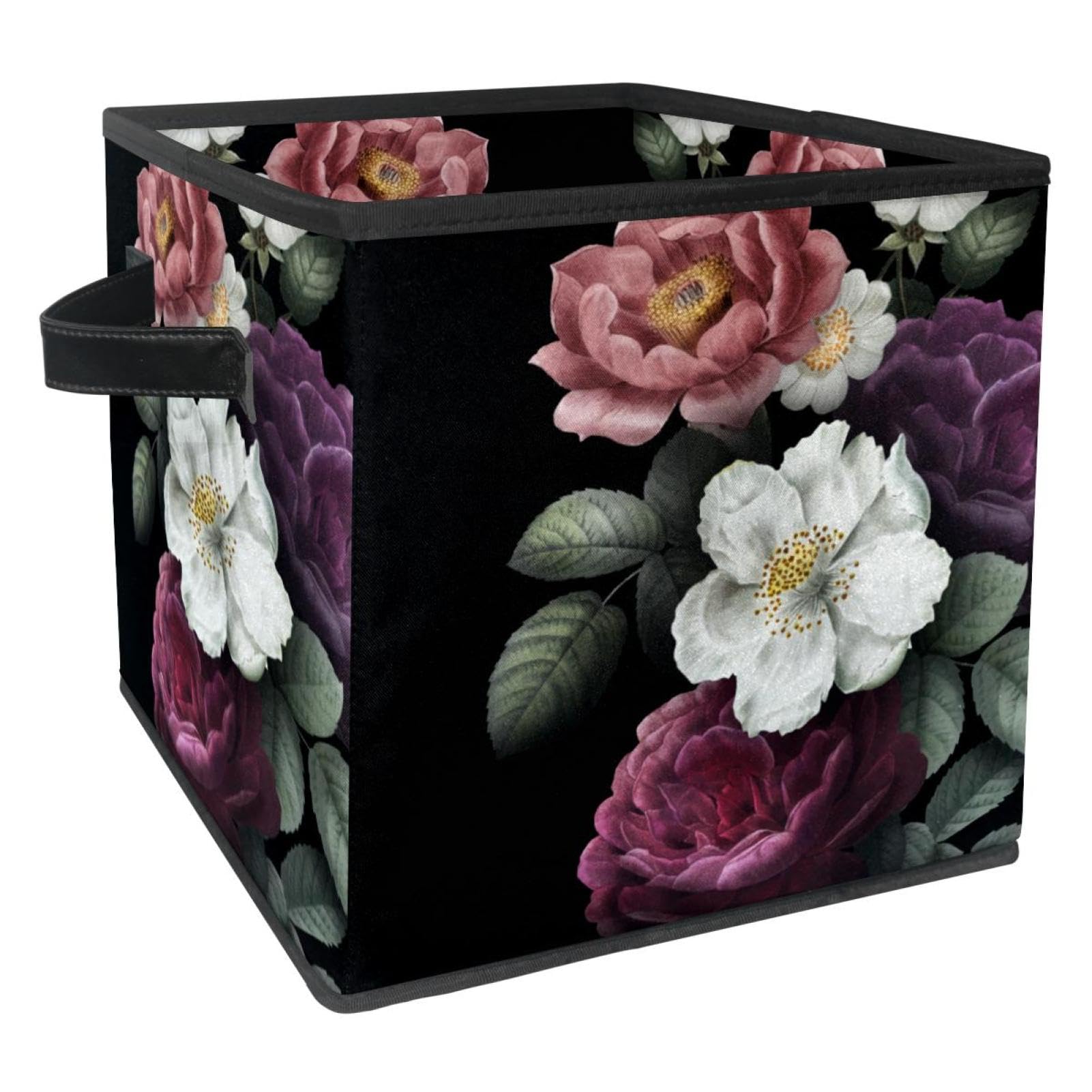 Boîte de rangement cube en tissu motif pivoine avec poignées pour armoire et chambre