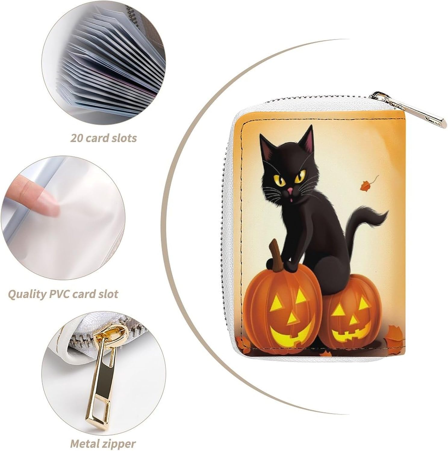 Leather Card Organizer Case Card Wallet Credit Card Holder Halloween Black Cats Pumpkin Printed Zipper Card Cases Holder for Women Men
