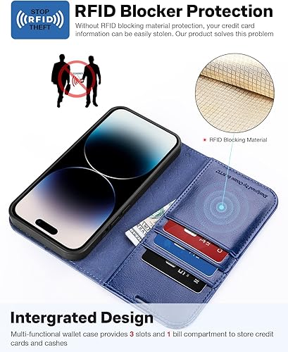 Miniatura 4 de OCASE Funda tipo cartera compatible con iPhone 14 Pro Max con tarjetero, magnética desmontable 2 en 1, de piel sintética, con bloqueo RFID, función