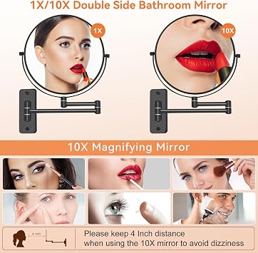 8 inch Makeup Mirror Wall Mounted, 1X/10X Double-Sided Wall Mount Magnifying Bathroom Shaving Mirror with Extendable Arm, 360° Swivel for Bathroom Vanity and Makeup, Matte Black(No Light)