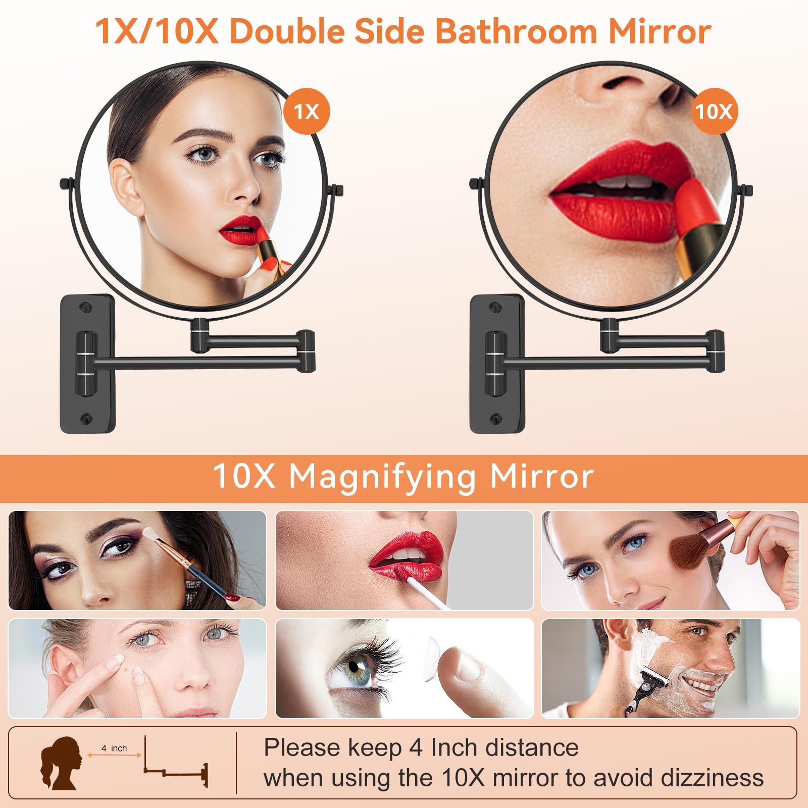 Espejo de maquillaje de 8 pulgadas montado en la pared, 1X/10X, espejo de baño de aumento de doble cara con brazo extensible, espejo giratorio de 360° para baño y maquillaje, negro (sin luz