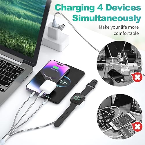 Miniatura 4 de Cable de carga 4 en 2 para reloj y teléfono, actualizado para Apple Watch, cargador USB AC, cable de carga múltiple inalámbrico trenzado de nailon