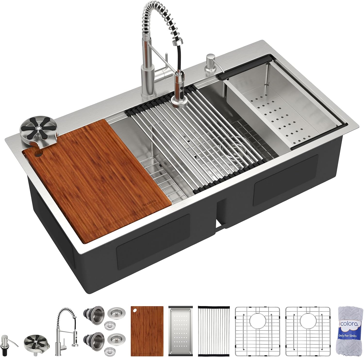 Dcolora 39 In. Drop In Double Bowl Kitchen Sink with Faucet and Cup Washer, Stainless Steel Topmount Workstation 50/50 Double Basin, 39"x21.2"x10" #DC-SFDOE00135