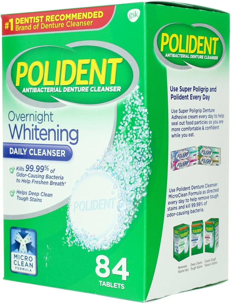 Polident Overnight Whitening Antibacterial Denture Cleanser Effervescent Tablets, 84 count (Pack of 3)