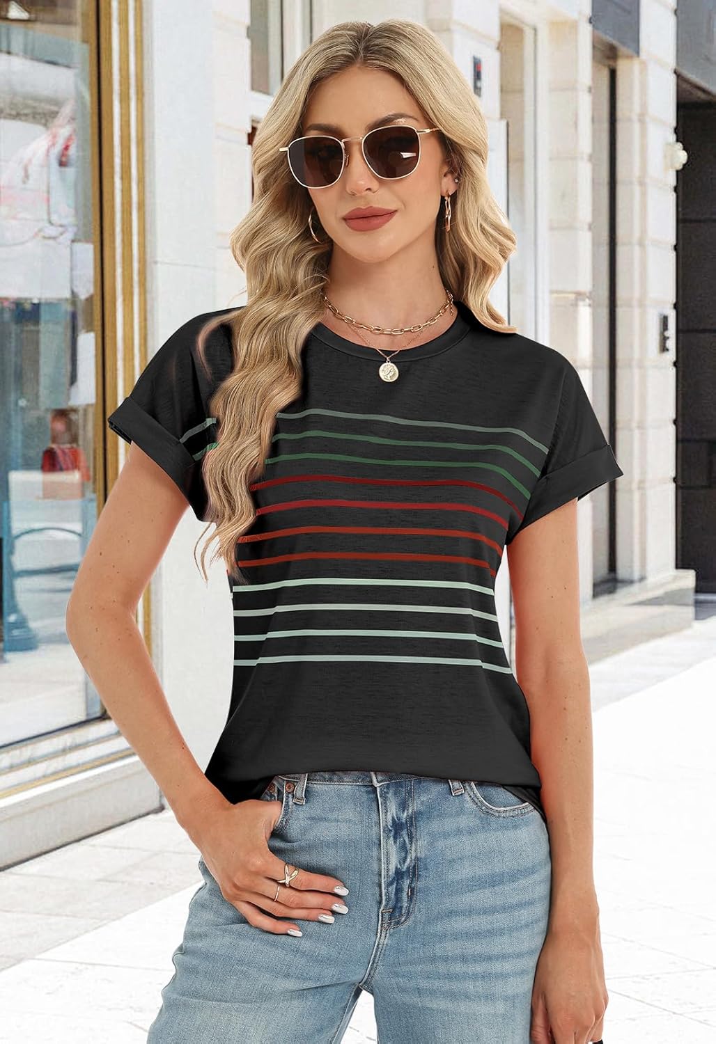 Womens Summer Tops Short Dolman Sleeve Crew Neck Striped Shirts Spring 2026 Fashion Beach Vacation Clothing - Image 3