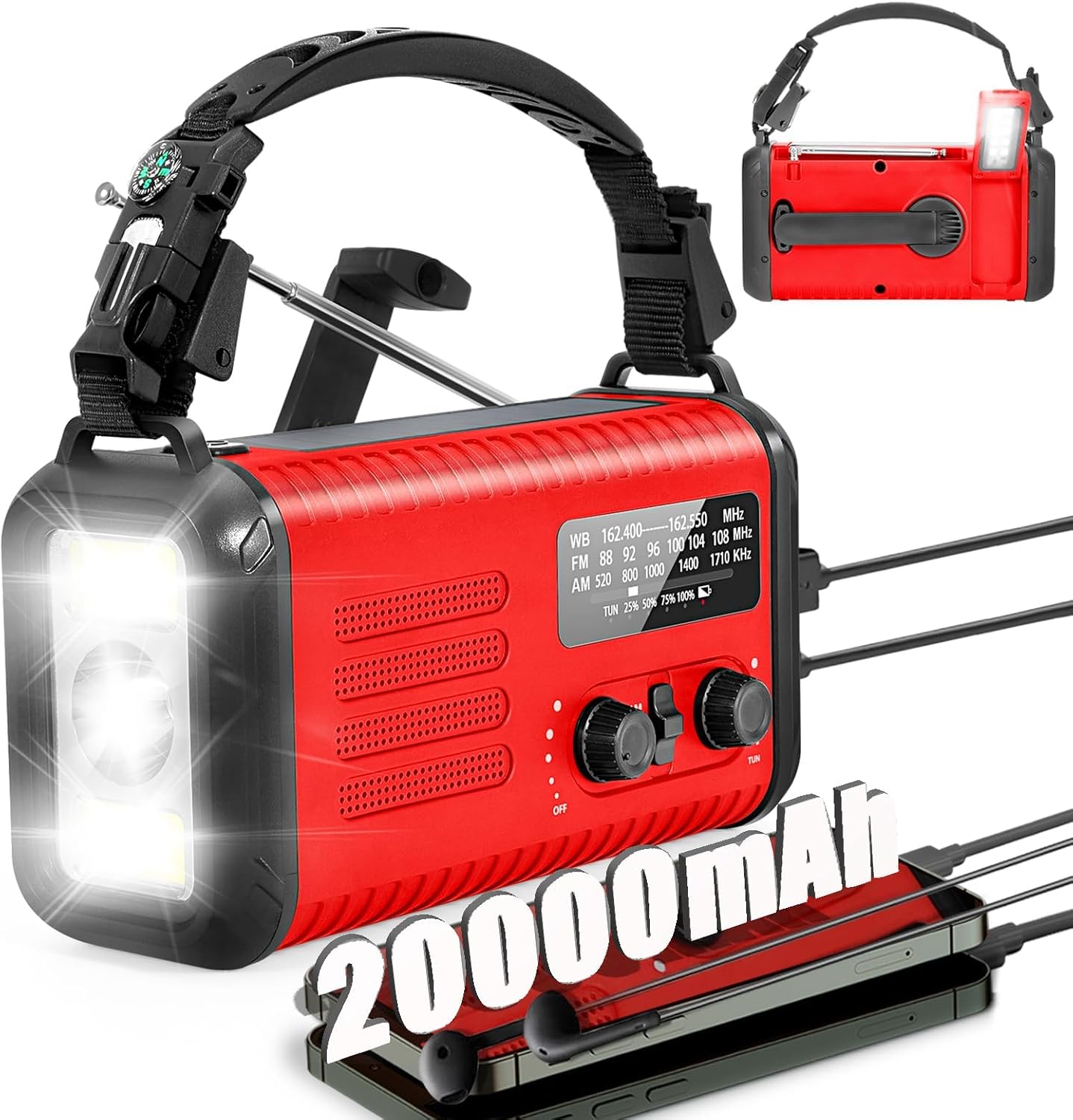 “20000mAh Emergency Solar Hand Crank Radio with Power Bank & SOS Alarm