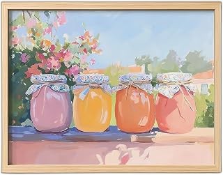 Grandma's Jam Jars Still Life Print - Vintage Kitchen Wall Art with Colorful Glass Jars on a Shelf, Rustic Framed Artwork for Dining Room, Soft Pastel Tones, Gallery Quality