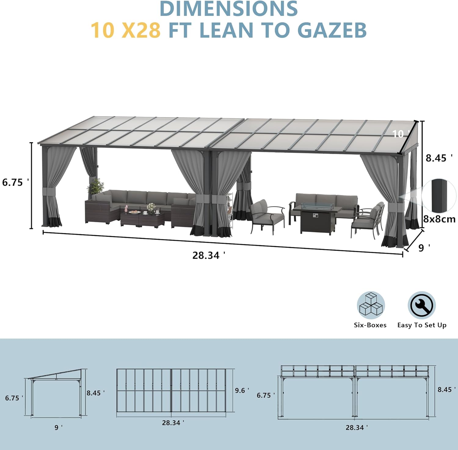 Kurapika 10’ x 28’ Wall Mount Gazebo Outdoor Pergola, Hardtop Lean to Gazebo Canopy Awnings with Sloped Roof and Sturdy Steel Frame, for Patio, Porch, Deck, Backyard(Grey)