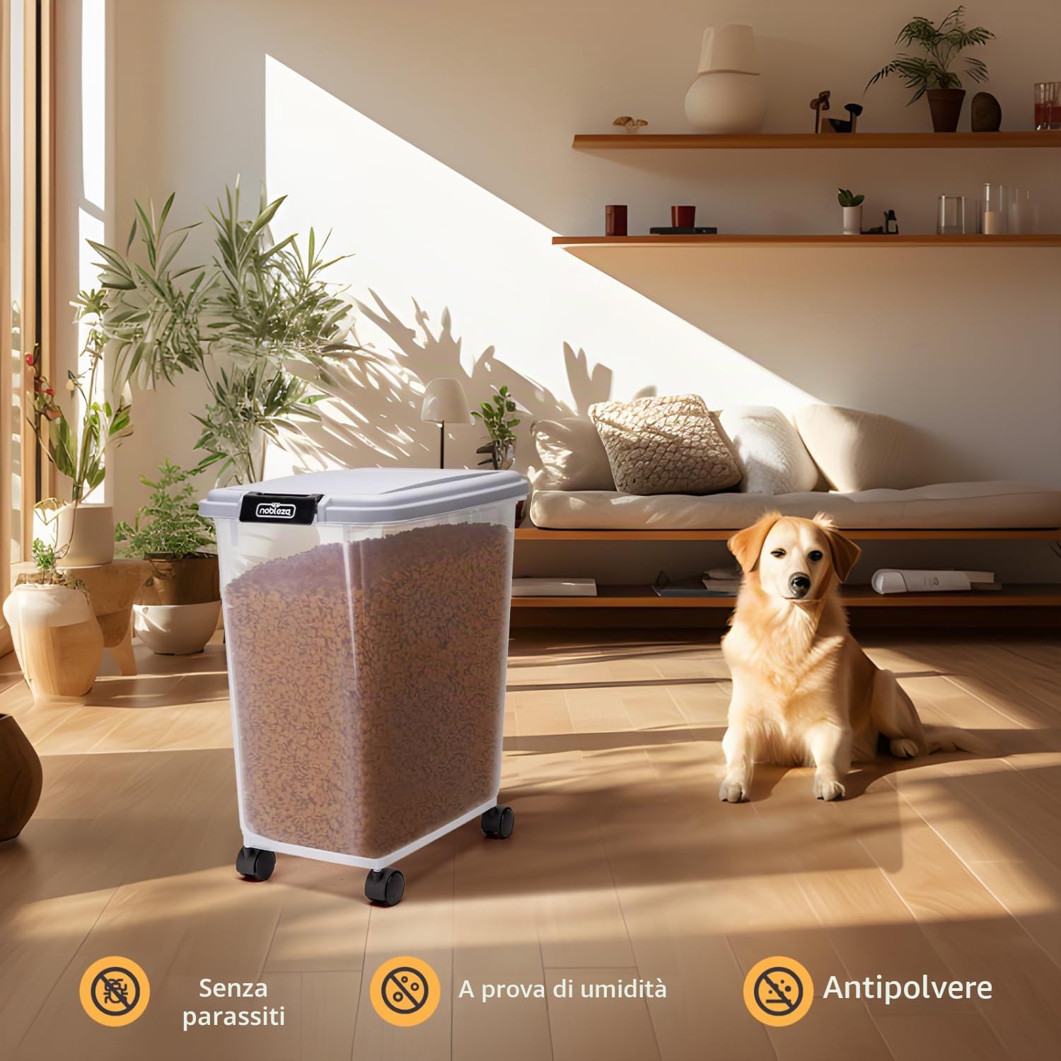 Nobleza - Contenitore per Animali da 20L+40L， Animali Domestici Scatola di Alimenti con Ruote Contenitore， Coperchio Ribaltabile， Ermetico， Trasparente， Ruote e Pala， per Cibo per Cani e Gatti， Grigio