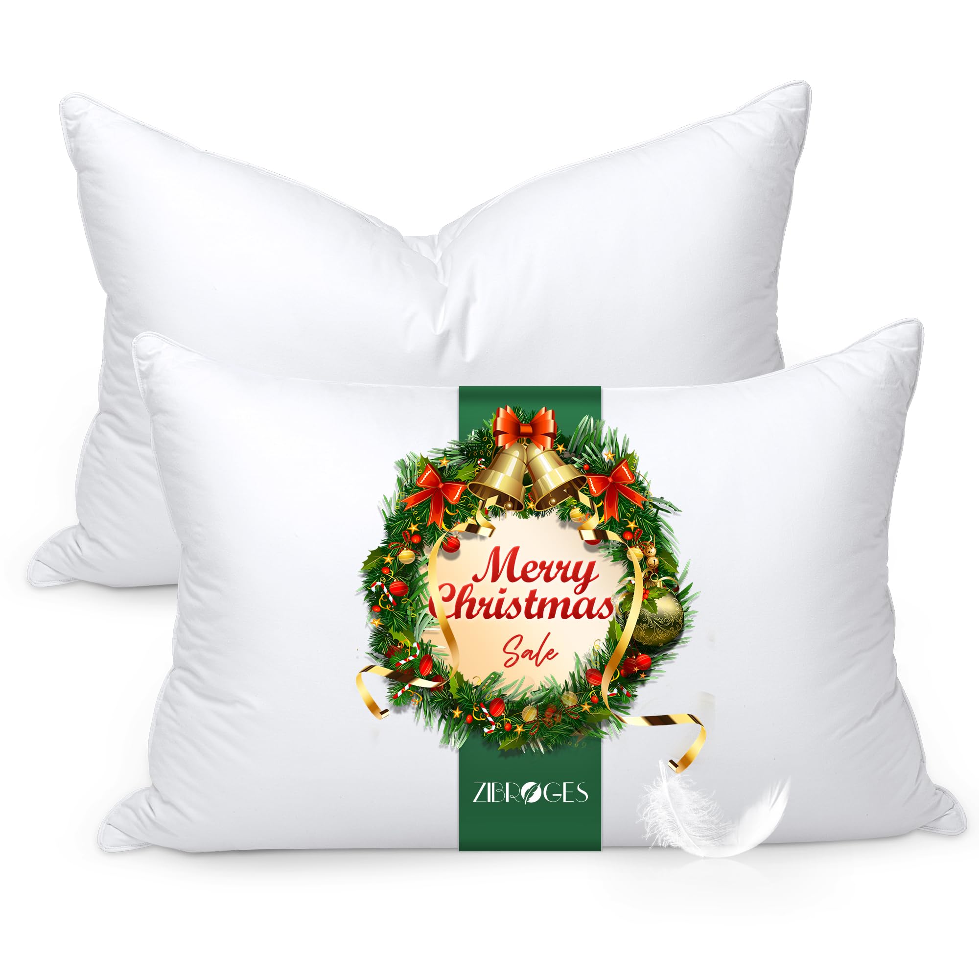 zibroges Feather Pillows Queen Size Set of 2 - Goose Down Hotel Bed Pillow for Sleeping Soft 600