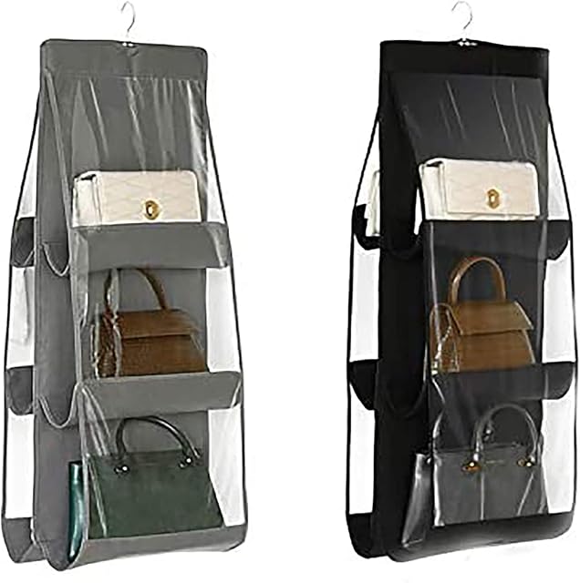 LXTaoler Hanging Handbag Purse Organizer, 2 Pcs 6 Pockets Dust Proof Storage Holder Bag Wardrobe Closet Space Saving Organizers System,Washable (Black+Grey)