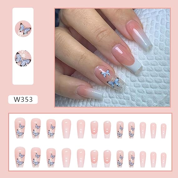 Press on Nails スクエア ミディアムレングス 人工アクリル フェイクネイル ブルーバタフライデザイン フルカバー 再利用可能 コフィン グラディント ピンク つけ爪 DIY スティック 女性用 釘 セット