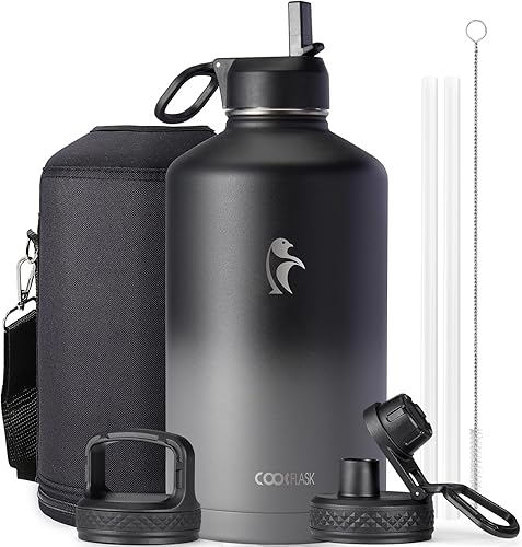 Miniatura 10 de Coolflask - Botella de agua de 64 onzas, aislada, con popote y 3 tapas, con diseño Galaxy, de acero inoxidable al vacío, mantiene las bebidas frías