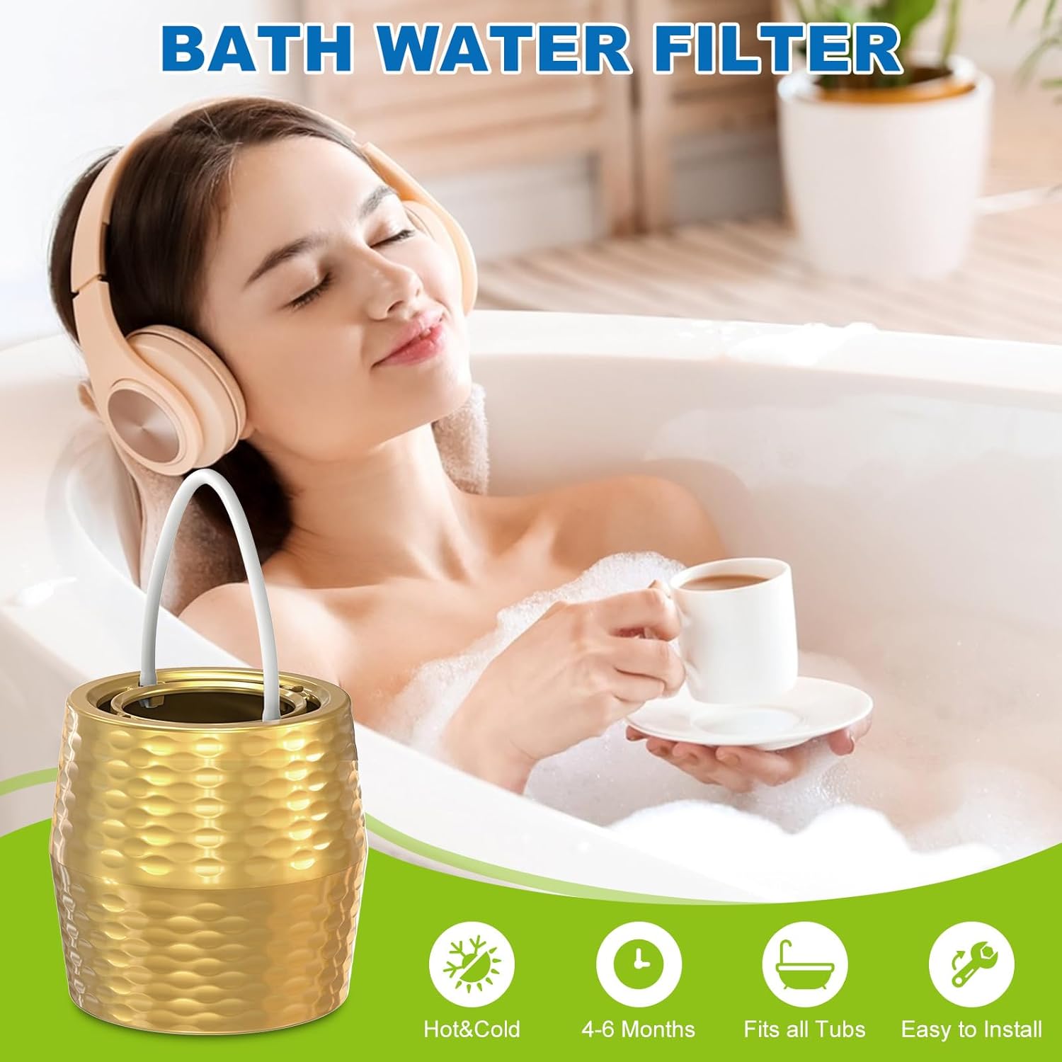 Bath Filter for Tub - KDF-55 Bath Water Filter for Tub Faucet, Removes Most Chlorine, Lead, Fluoride and Heavy Metals | Hard Water Softener, Improves Skin, Hair and Nails (Gold)