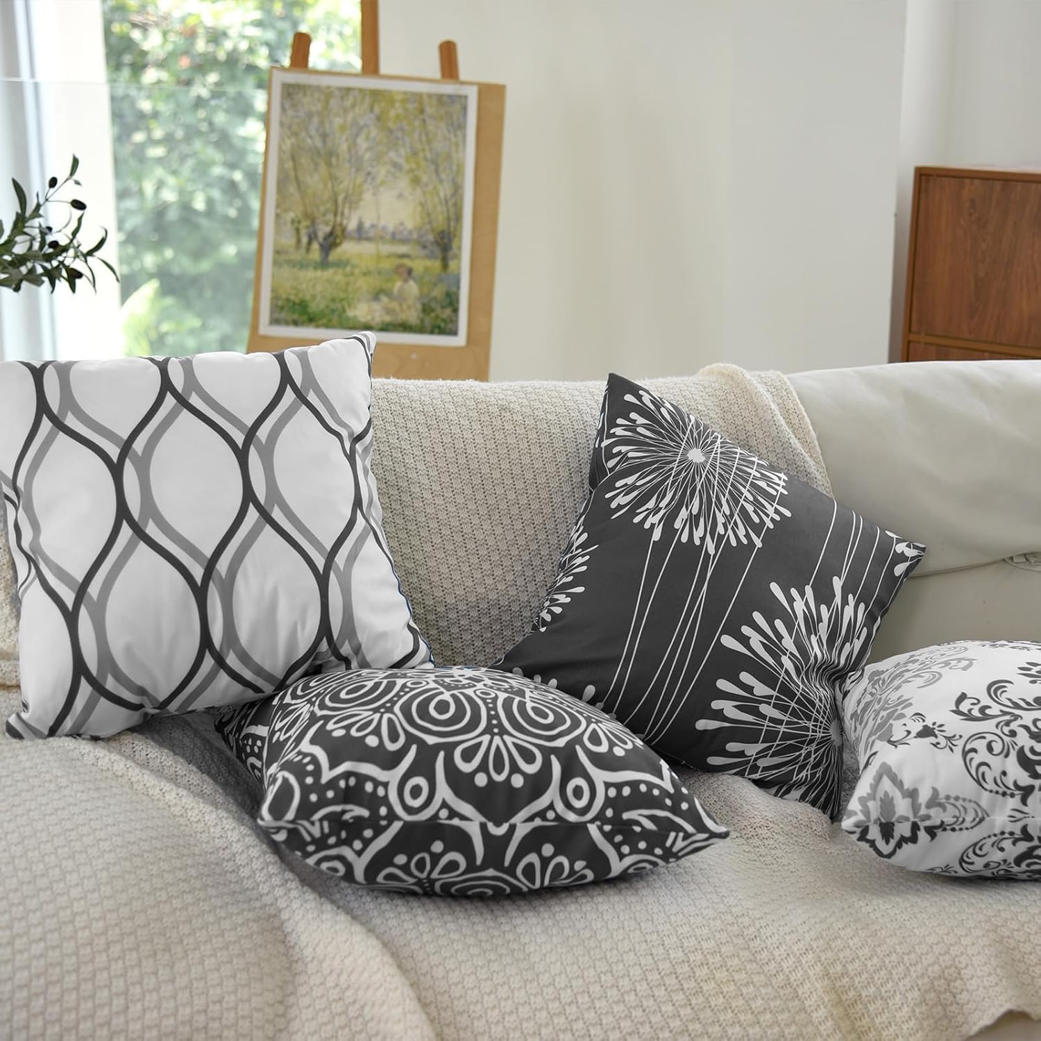 Coliuso Decorative Throw Pillow Covers 20x20 Set of 4, Dark Grey and White Modern Simple Square Pillow Case Cushion Cover for Sofa Couch Farmhouse Outdoor Living Room