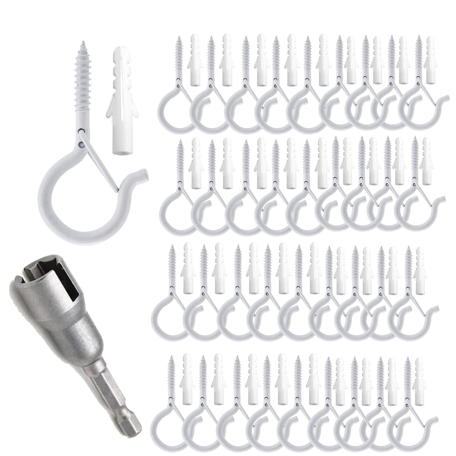Taihuimy Black Screw Hooks Q-Hanger For Outdoor String Lights, Christmas Rope Lights Clips, Wall Cabinet Ceiling Eye Hook With Safety Buckle For Wire Party Light Plants Wind Chimes (White(40Pcs))