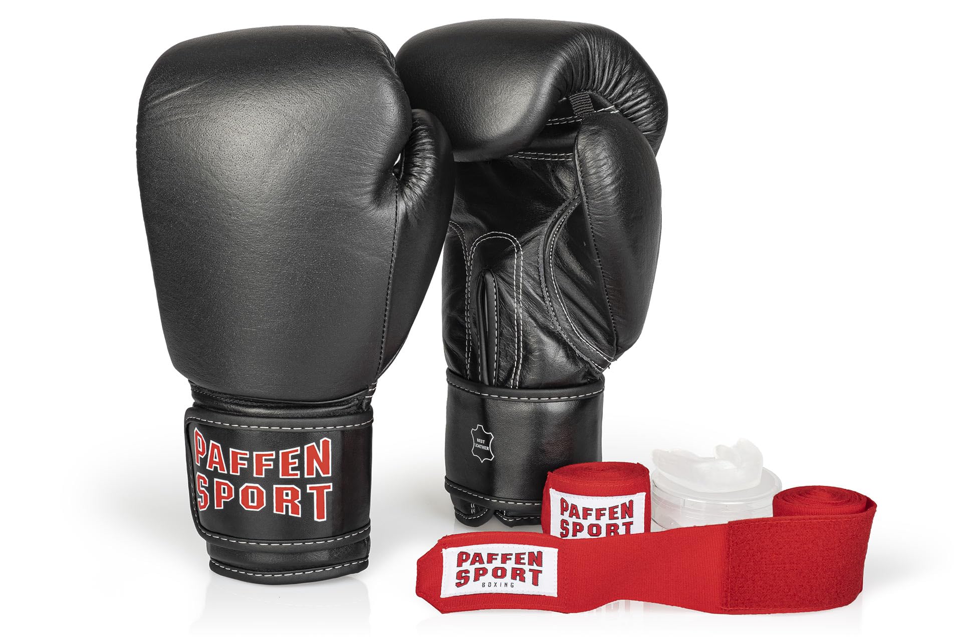 PAFFEN SPORT «Advanced» Box-Bundle; Set mit einem Paar Echtleder-Boxhandschuhe, einem Paar Boxbandagen und einem Zahnschutz für Erwachsene