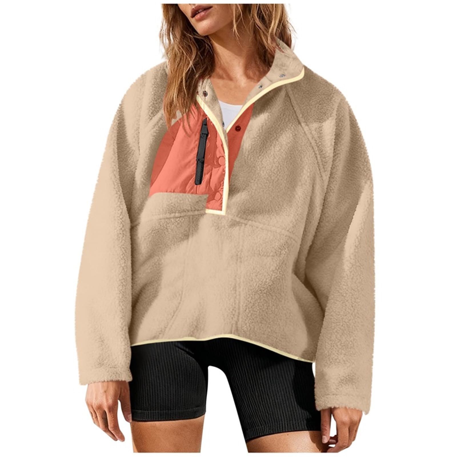 Xiaojmake Womens Fuzzy Pullover Sweatshirt Long Sleeve Button Down Sherpa Jacket Warm Outwear Winter Fleece Coat with Pockets