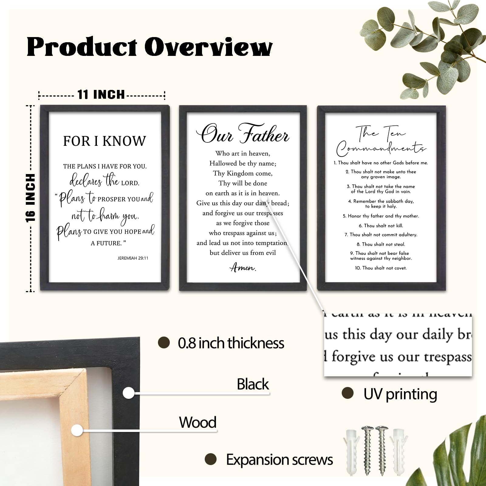 FZMHASLWW Lot de 3 panneaux chrétiens avec citations inspirantes en bois - 40,6 x 27,9 cm - Noir