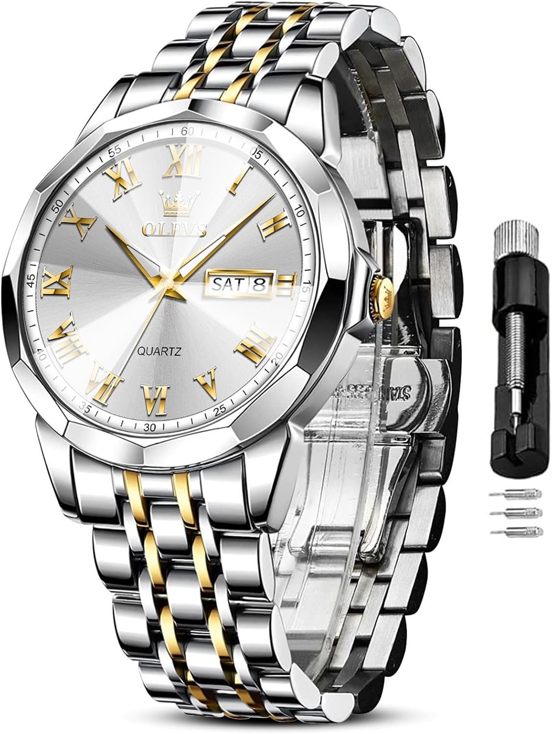 OLEVS Mens Silver Watches Luxury Waterproof Silver Watch for Men Analog Quartz Stainless Steel Men's Dress Watches Classic Casual Wrist Watch Large Face with Date Relojes para Hombres