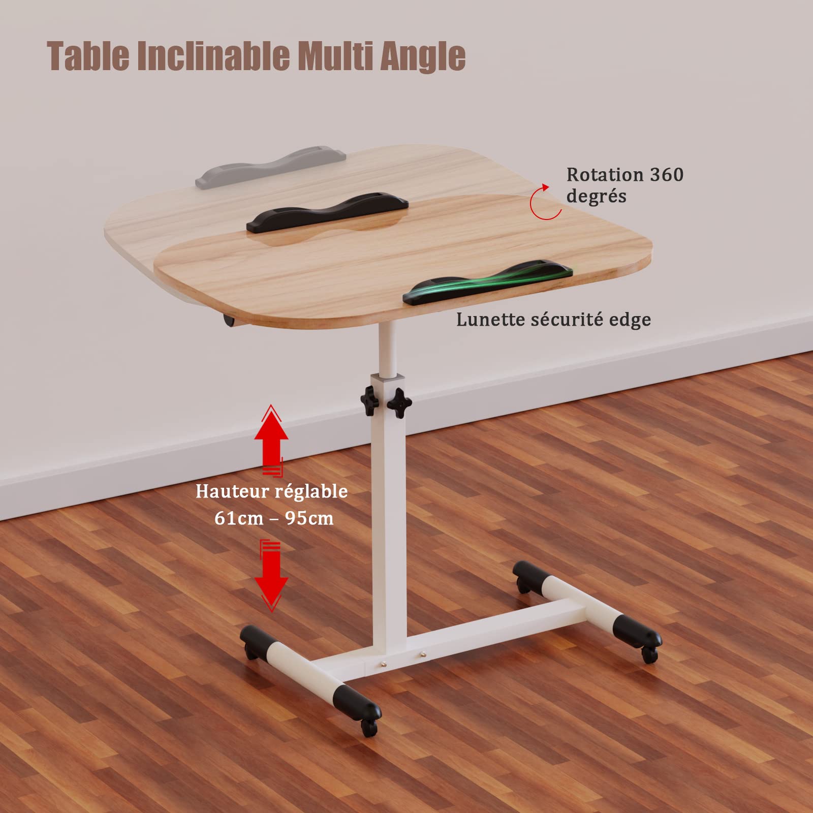 Table de Lit Roulette, 60 x 40 cm, Tablette Médicale Réglable Table d'Appoint de Lit à roulettes, Hauteur Réglable 61-95CM, Bureau Pliable, 360° Bureau D'ordinateur Levage Rotatif
