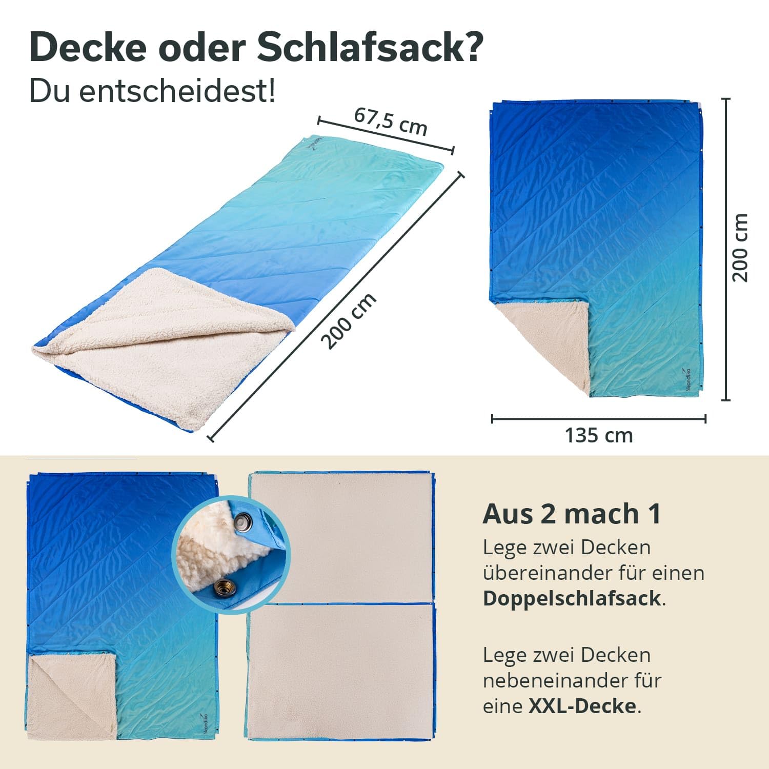 Skandika Liva Sherpa koc kempingowy 4 w 1, koc outdoorowy, 200 x 135 cm, narzuta, śpiwór, poduszka, ze spodem z pluszowego futra, watowanie poliestrowe, wodoszczelny, na kemping, akcesoria
