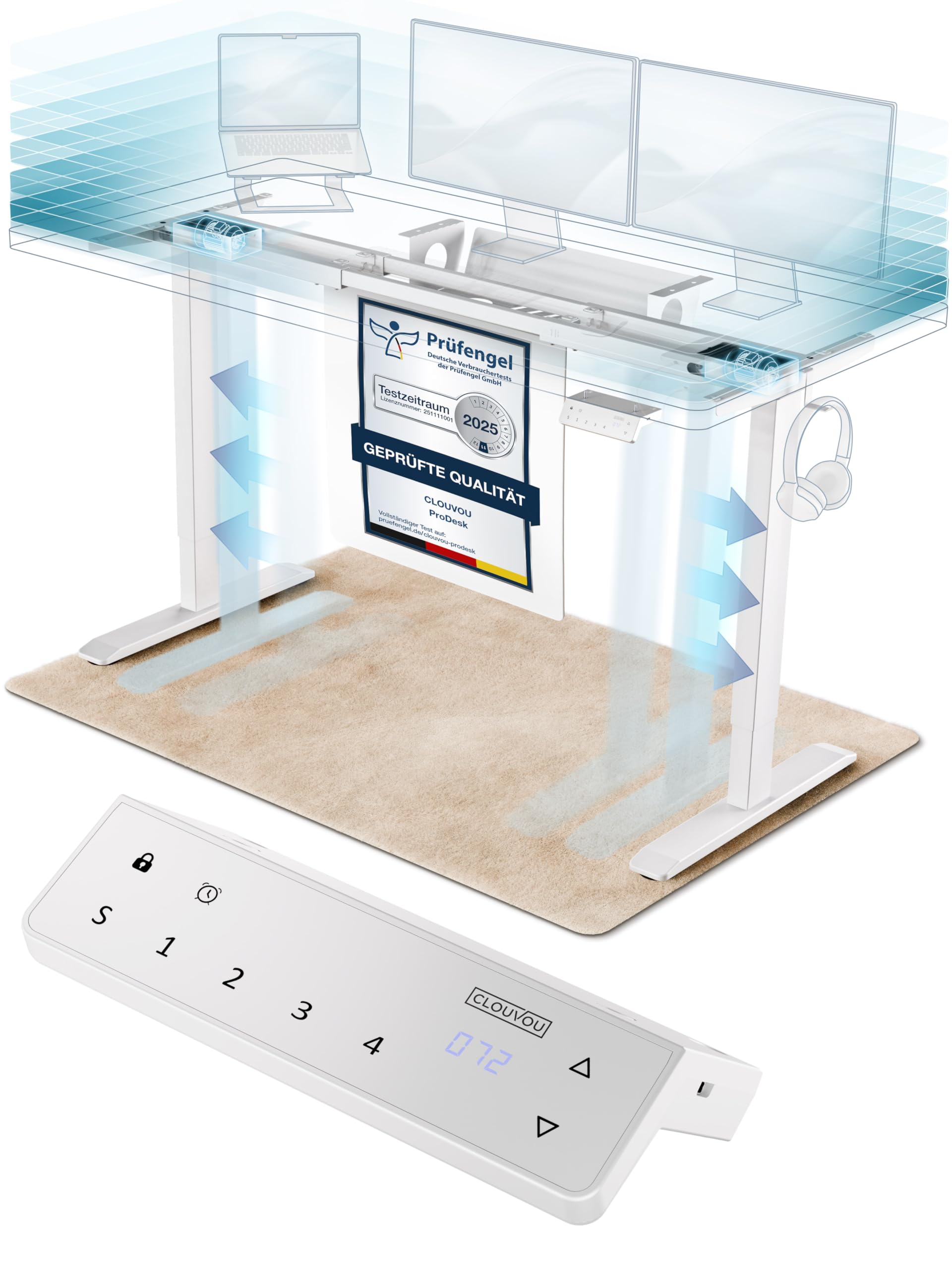 CLOUVOU ProDesk Schreibtischgestell höhenverstellbar elektrisch [TESTSIEGER] Dual-Motor Höhenverstellbarer Schreibtisch Gestell (120kg Tragkraft) mit Memory-Funktion, 2xUSB und Kabelversteck