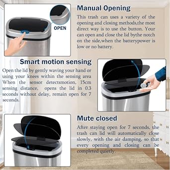 HHS 13 Gallon 50 Liter Automatic Motion Sensor Trash Can, Silver2, Stainless Steel, 85%