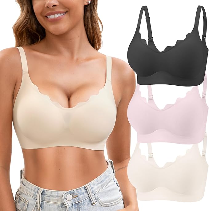 Womens Seamless T-Shirt Bras 3 Pack Wireless Comfy Jelly Bra, Full Coverage Bralette No Show Under Clothes