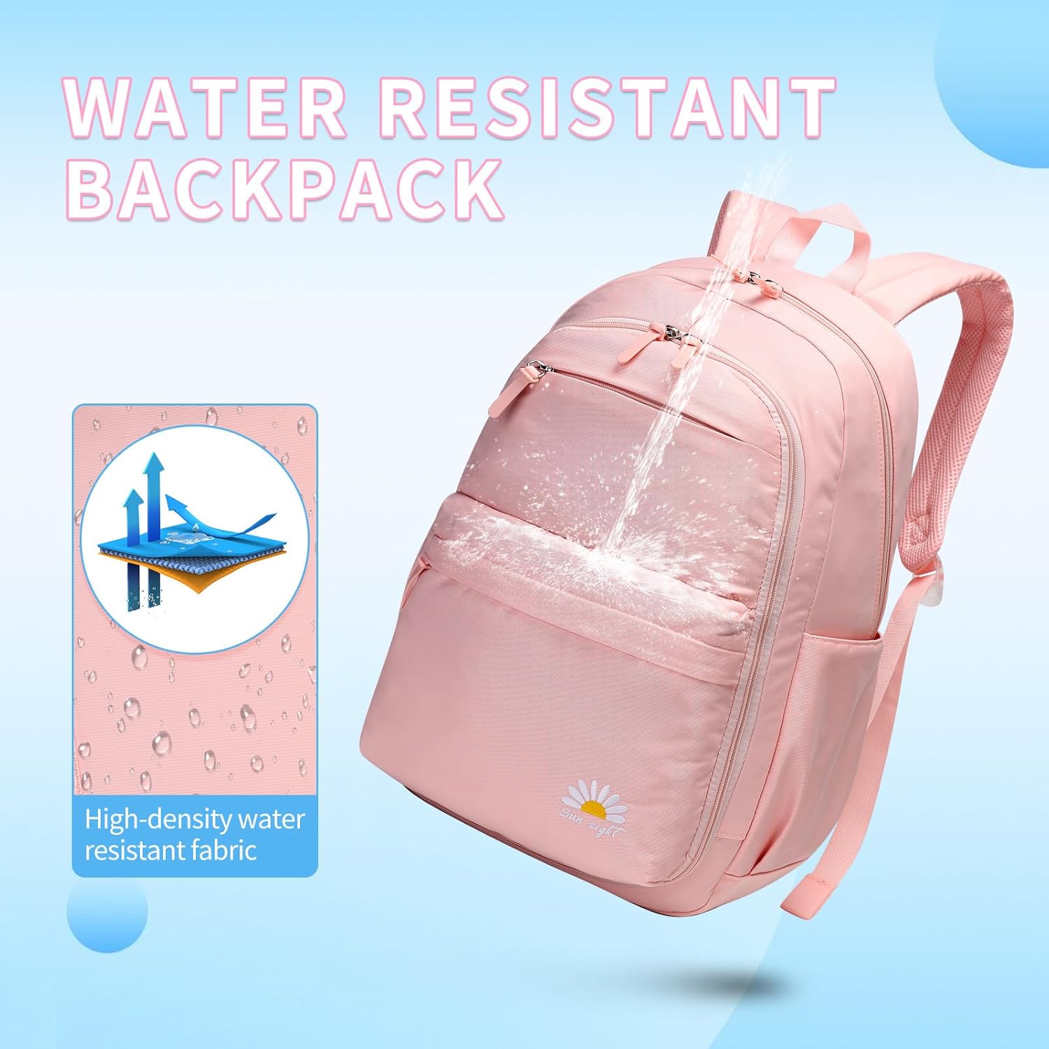 Caran·Y 38L Waterproof Kids Backpack with 15.6-Inch Laptop Compartment-Lightweight Large Capacity School Backpack for Boys & Girls Ages 6-18,Travel with Side Water Bottle Pockets(Pink) - Image 3