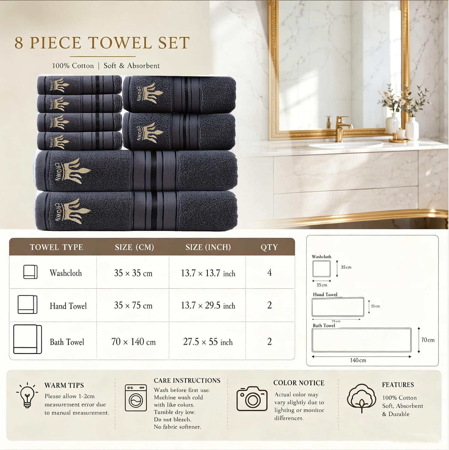 Towels 8 Piece Luxury Towel Set –Super Absorbent & Quicker-to-Dry, Thick 420 GSM 100% Cotton Towels for Bathroom, Spa & Hotel – 2 Bath Towels, 2 Hand Towels, 4 Washcloths (Dark Grey)
