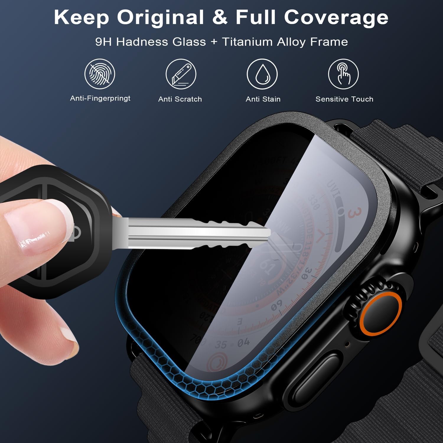 WSKEN for Apple Watch Ultra 3 / Ultra 2 Screen Protector 49mm, [26 Degree Privacy] Titanium Alloy Frame + 9H Tempered Glass, [Touch Sensitive] Lightweight Protective Glass Film for iwatch Ultra 2 Pack - Image 3