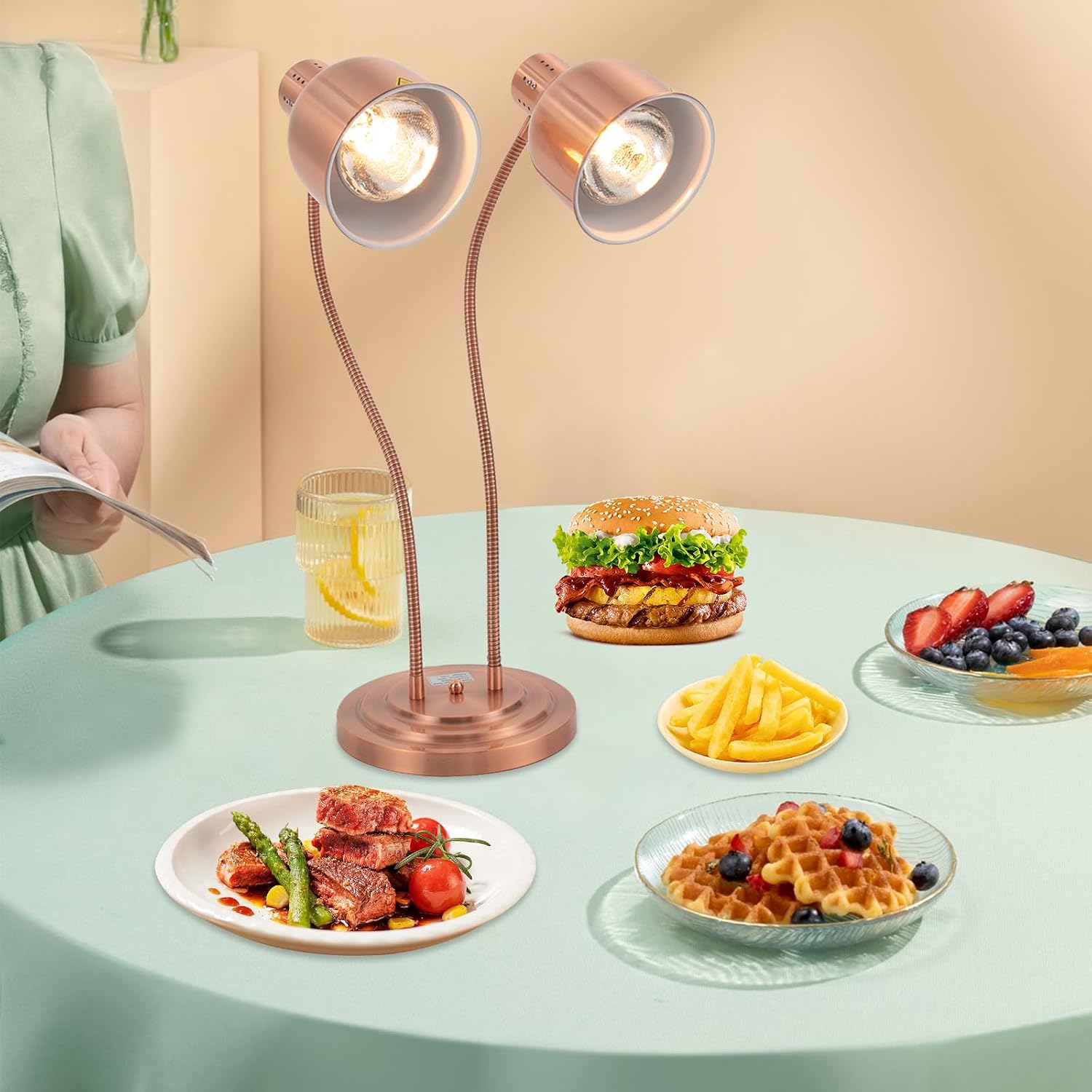 250W Food Heat Lamps, Free-Standing Food Heating Lamp, Food Heating Warmer Lamp, Rose Gold Dual Head Food Warmer Lights, Restaurant Kitchen Buffet Warmer Table, for Home, Restaurant, Cafeteria