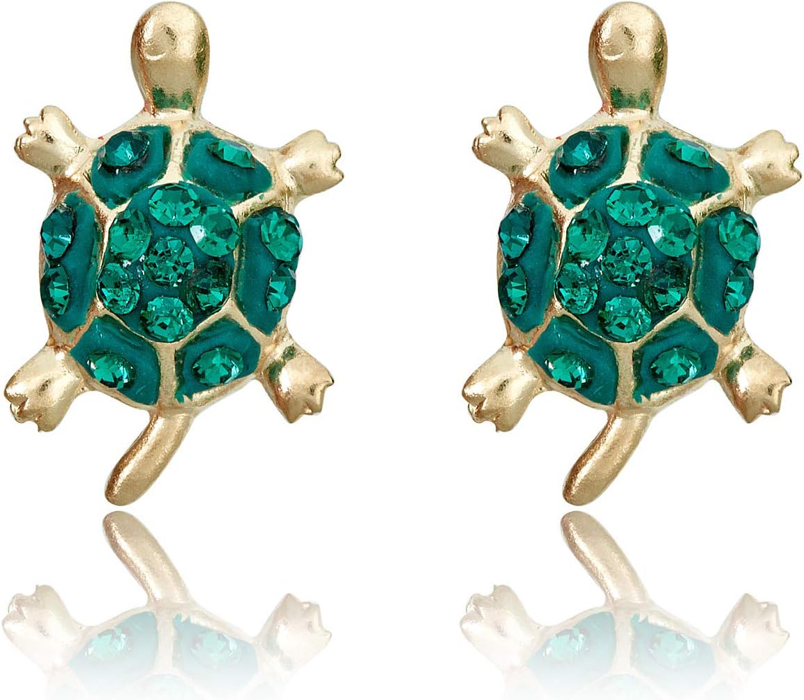 AVORA 10K Yellow Gold Green Turtle with Crystal Stud Earrings