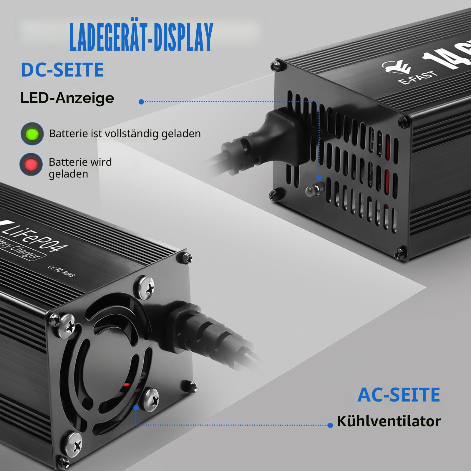 LiFePO4 Batterieladegerät 14,6V 20A Ladegerät 12V für Lithium Batterie Schnelles Aufladen für Wiederaufladbare Lithium-LiFePO4-Deep-Cycle-Batterien von Booten, Wohnmobilen