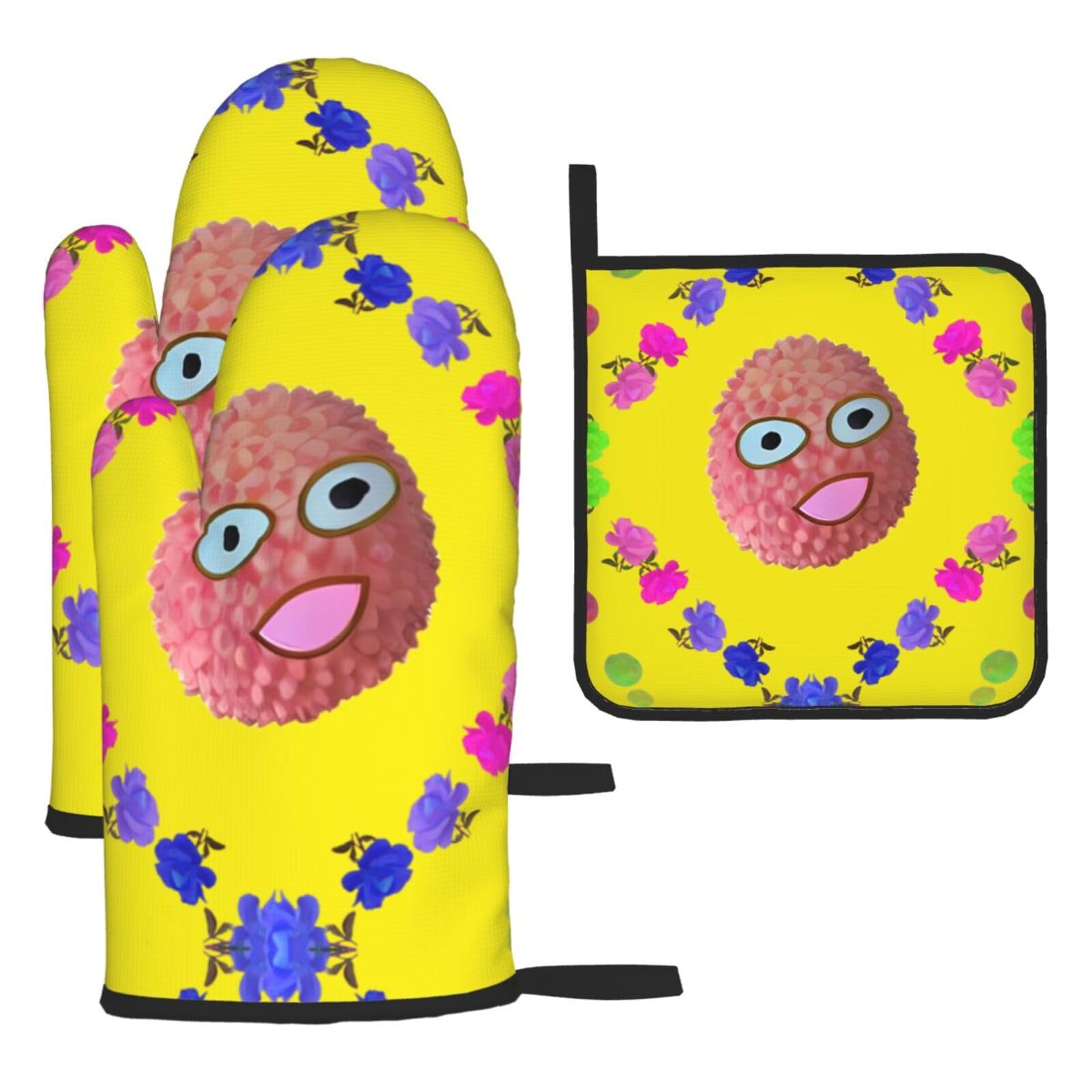Smiley Lychee Oven mittens and oven mitts three-piece set suitable for oven, grilling, baking, microwave and home cooking.