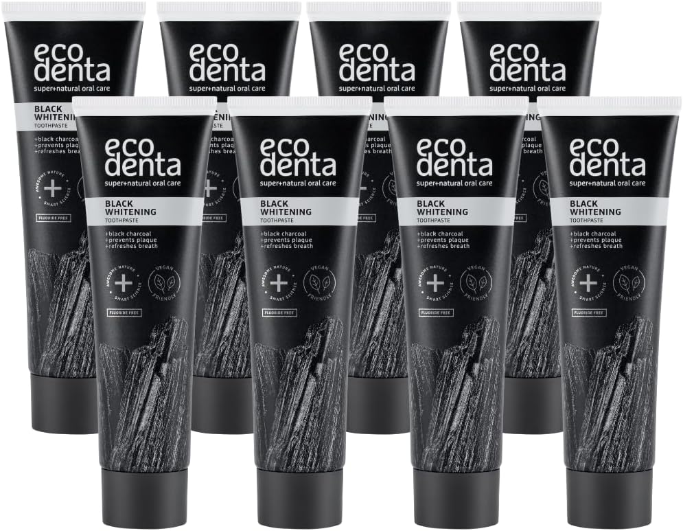ECODENTA Charcoal Toothpaste, Teeth Whitening Paste I Naturally Whitens Teeth and Removes Plaque I Black Natural Paste Fluoride Free, 8x100ml Mint