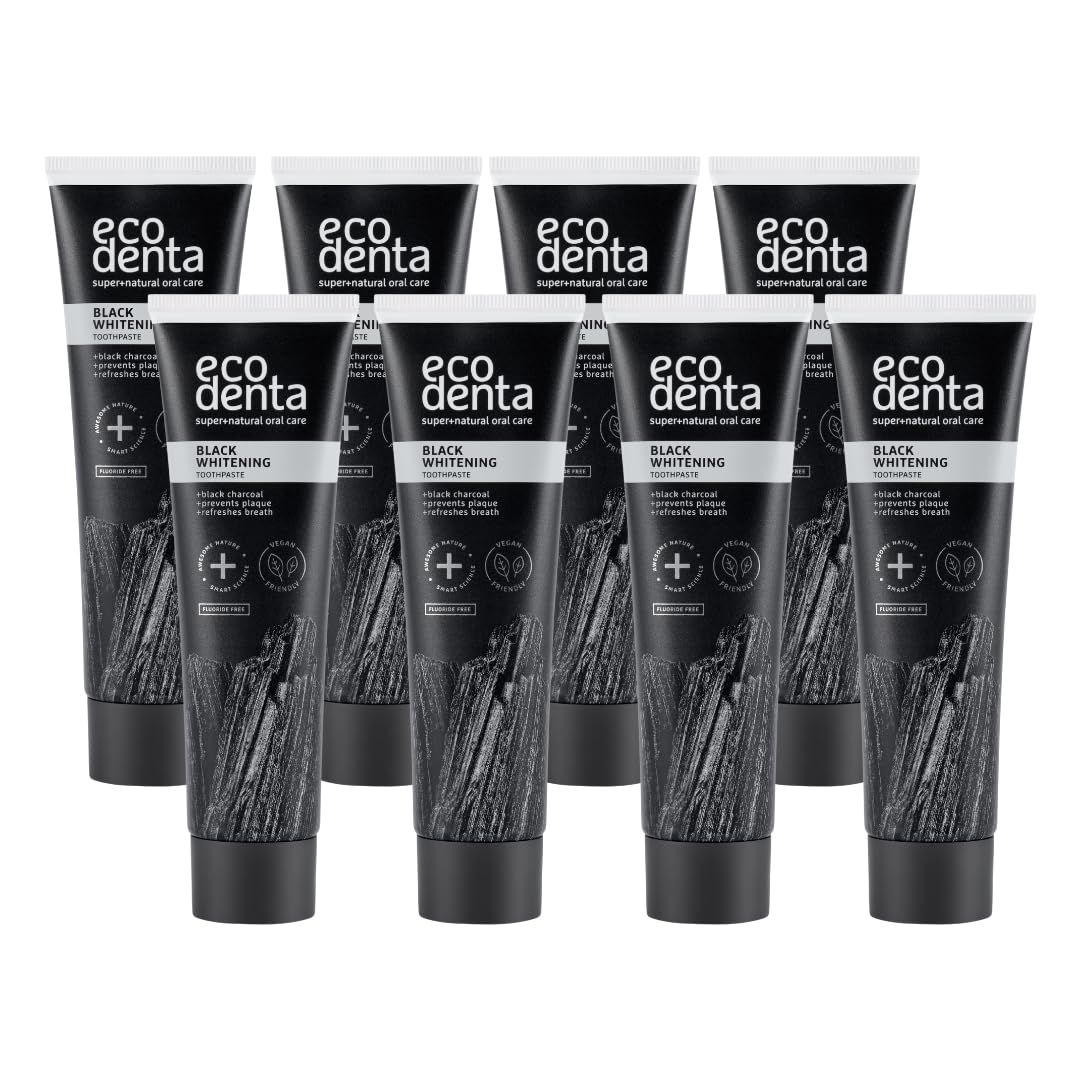 ECODENTA Charcoal Toothpaste, Teeth Whitening Paste I Naturally Whitens Teeth and Removes Plaque I Black Natural Paste Fluoride Free, 8x100ml Mint
