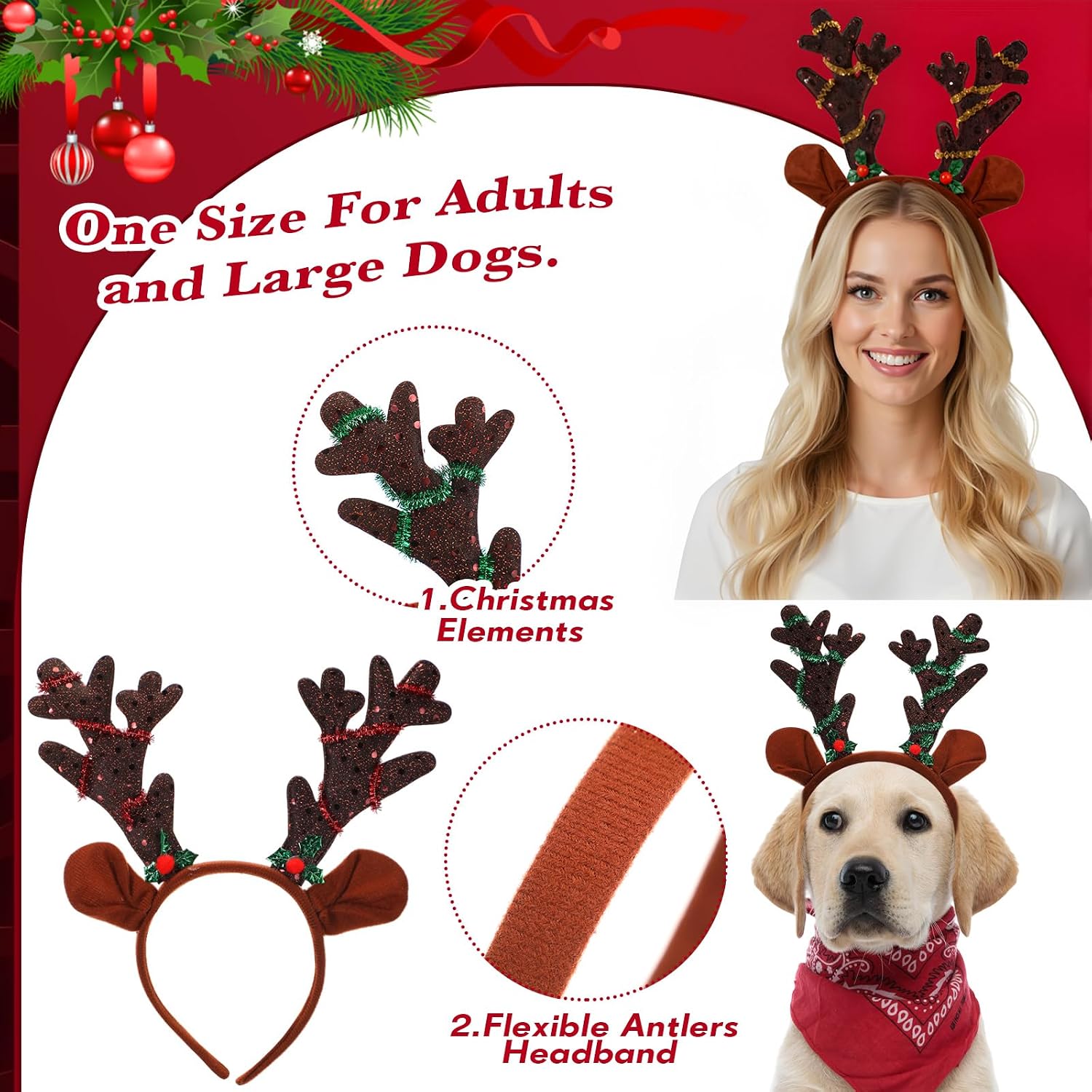24 Pcs Christmas in July Reindeer Antlers Headband Bulk Sequined Elk Headwear for Summer Christmas Party Costume