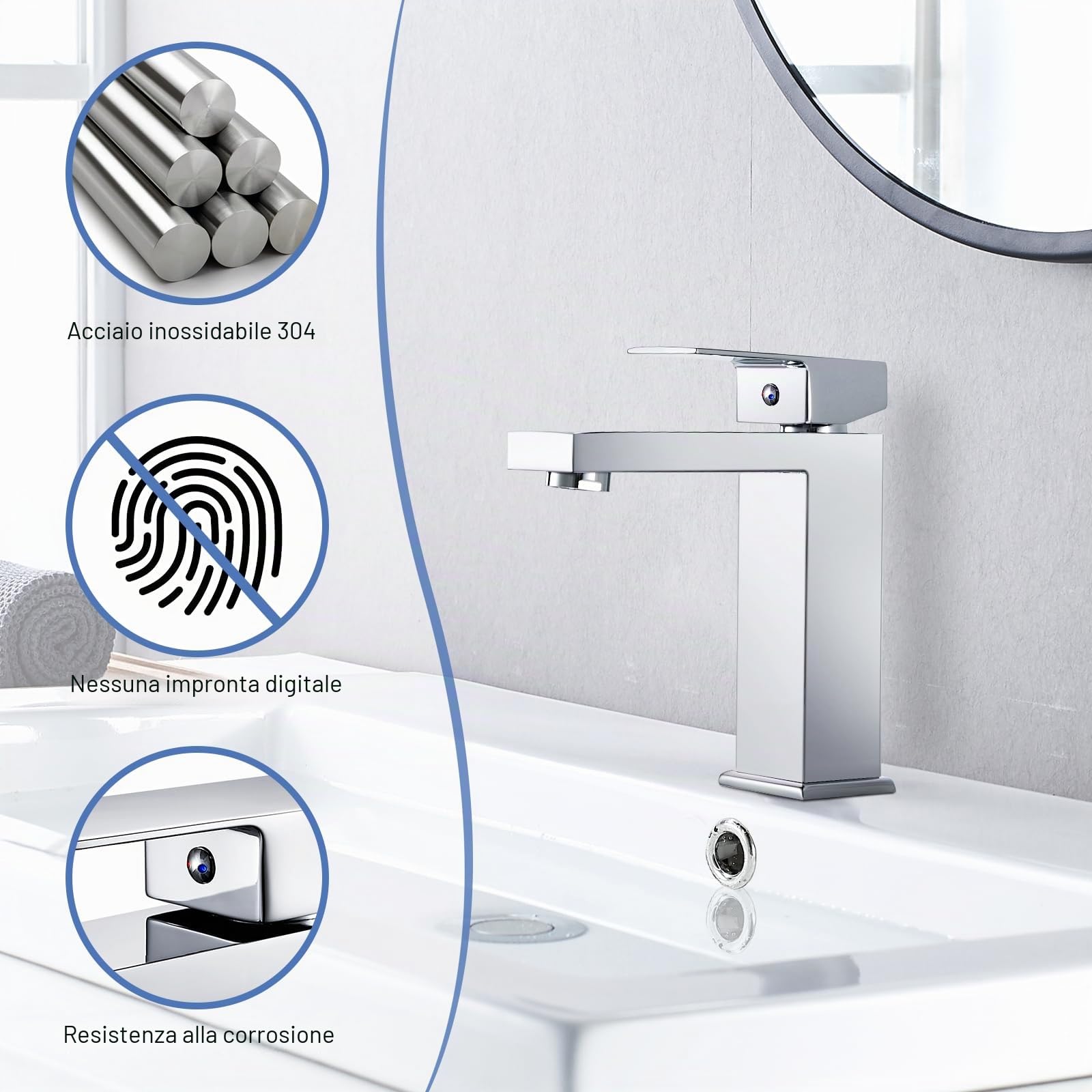 Rubinetto per Bagno, Miscelatore Monocomando per Lavabo, Rubinetto a Cascata con Altezza del Beccuccio di 115 mm, Moderna Rubinetteria per Lavabo Cromata, G3/8